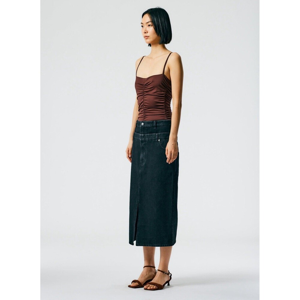 Tibi Double Waisted Black JAPANESE Denim Midi Skirt Size 26 Cotton Slit Front